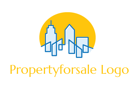 city buildings with sun behind logo