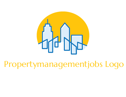 city buildings with sun behind logo