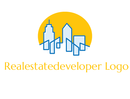 city buildings with sun behind logo