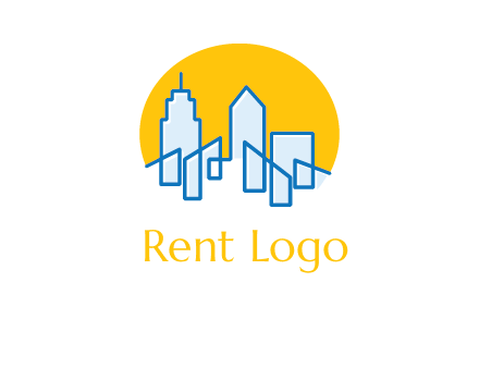 city buildings with sun behind logo