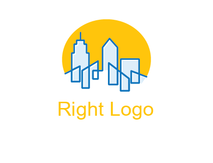city buildings with sun behind logo