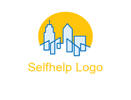 city buildings with sun behind logo