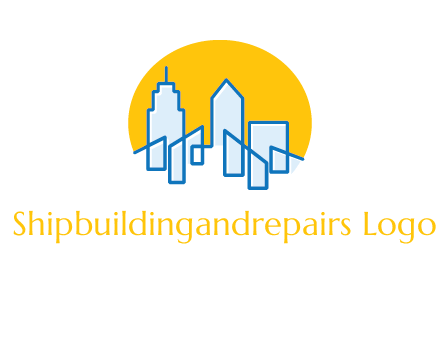city buildings with sun behind logo