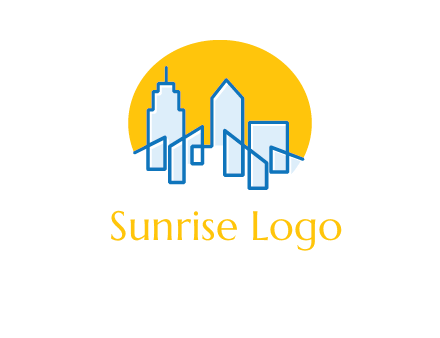 city buildings with sun behind logo