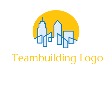 city buildings with sun behind logo