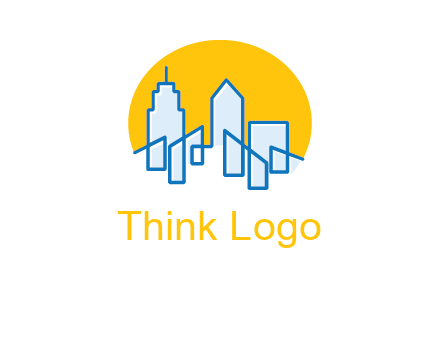 city buildings with sun behind logo