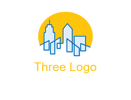 city buildings with sun behind logo