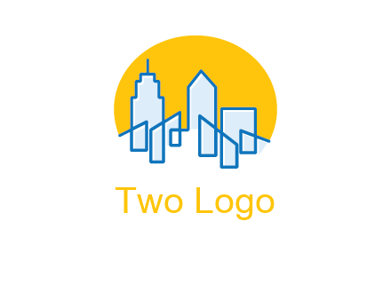 city buildings with sun behind logo