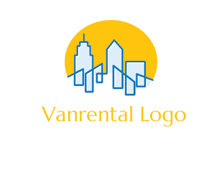 city buildings with sun behind logo