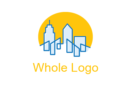 city buildings with sun behind logo