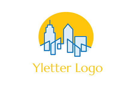 city buildings with sun behind logo