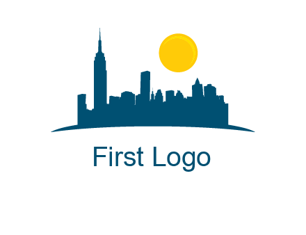 city skyline with sun logo