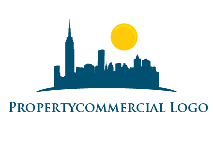 city skyline with sun logo