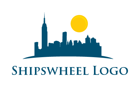city skyline with sun logo