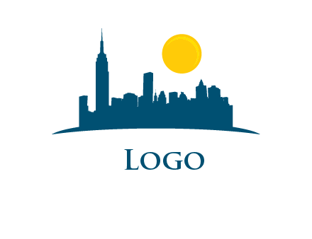 city skyline with sun logo