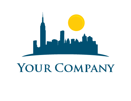 city skyline with sun logo